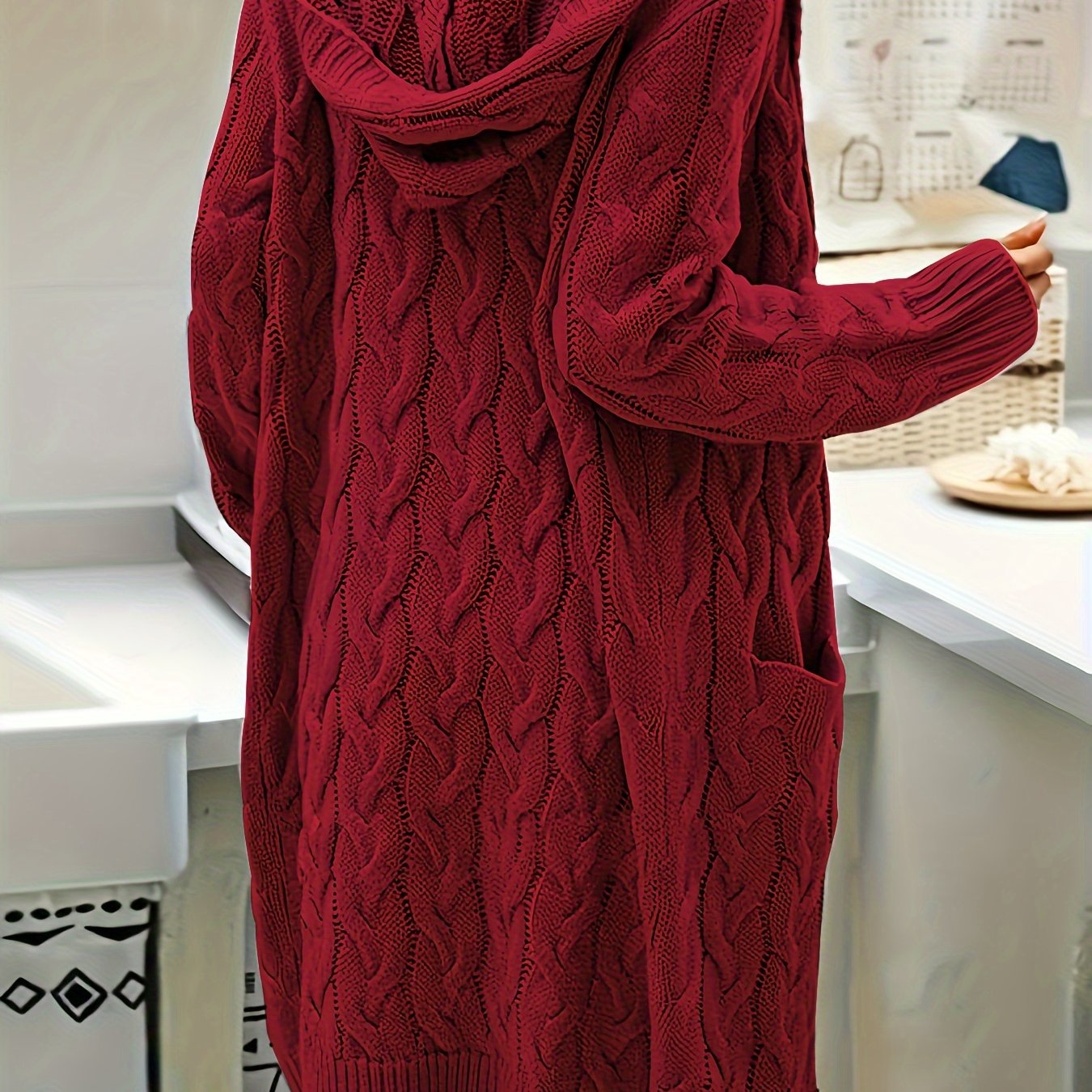 Damska Długi Kardigan z Kapturem | Otwarty Przód z Kieszeniami