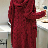 Damska Długi Kardigan z Kapturem | Otwarty Przód z Kieszeniami