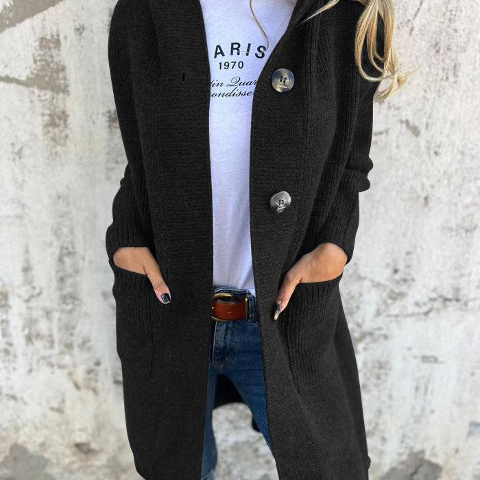 Damska Długi Kardigan z Guzikami | Z Kapturem