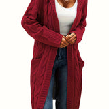 Damska Długi Kardigan z Kapturem | Otwarty Przód z Kieszeniami