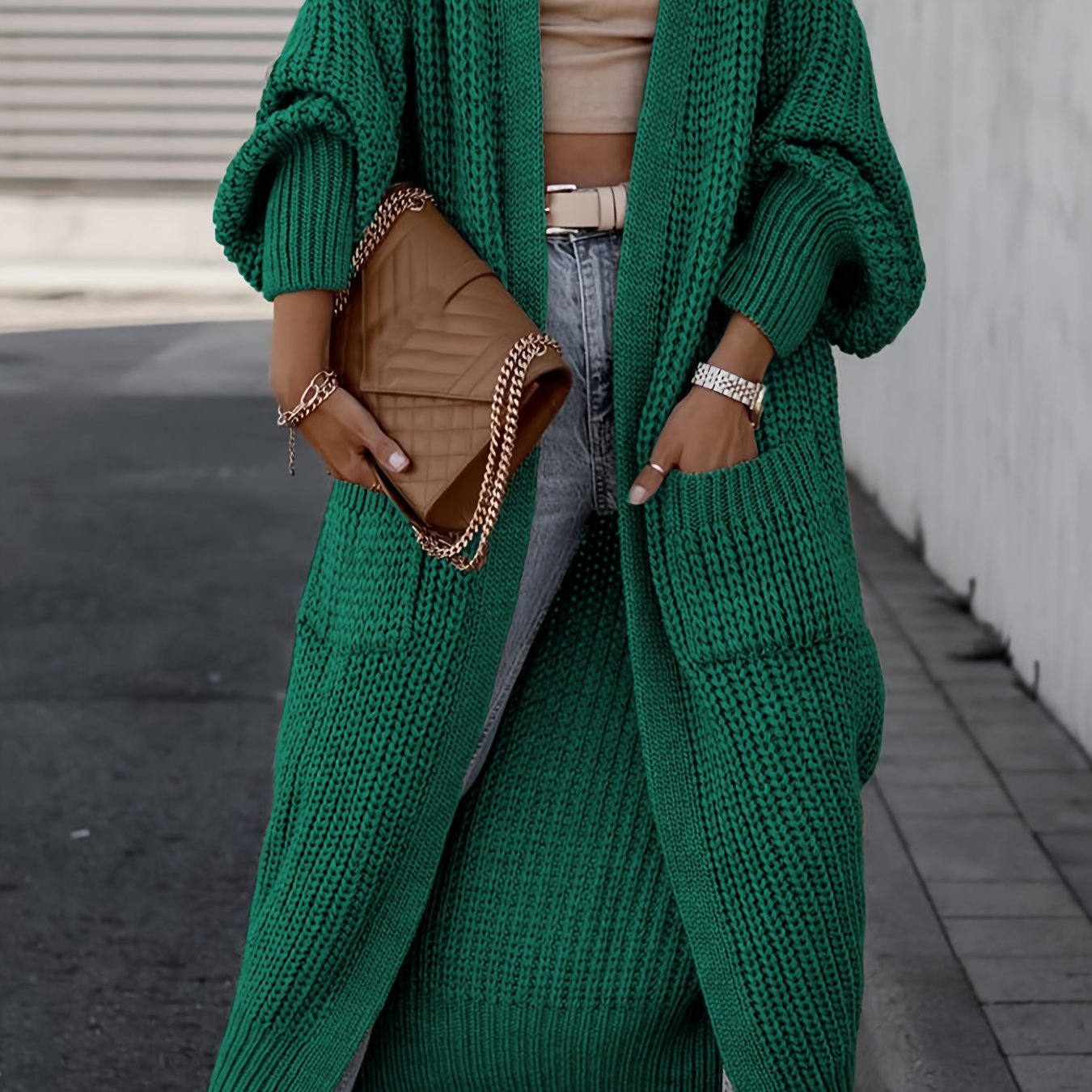 Damska Długi Kardigan | Otwarty Przód z Kieszeniami