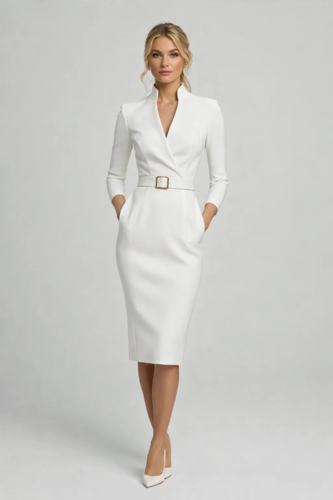 Elegancka Sukienka Midi – Dopasowany Krój z Dekoltem V na Wyjątkowe Okazje 0