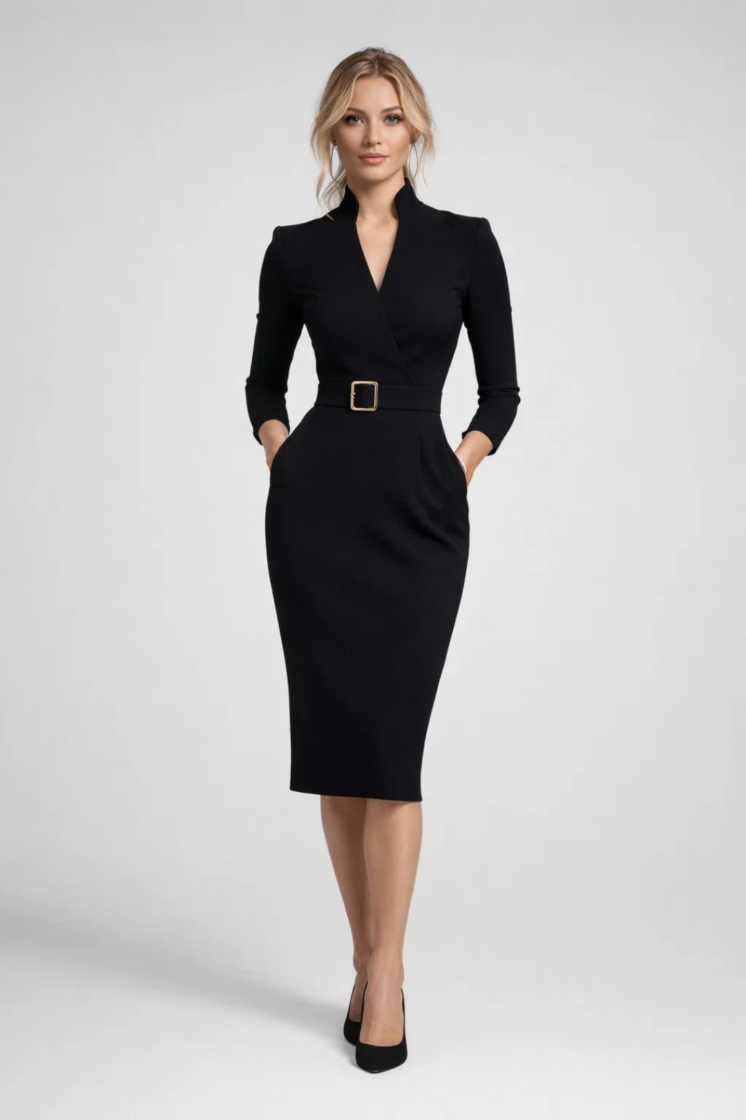 Elegancka Sukienka Midi – Dopasowany Krój z Dekoltem V na Wyjątkowe Okazje 4