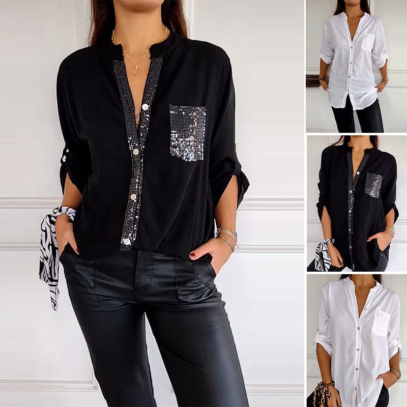 Elegancki Top Damski – Patchworkowy Styl Z Cekinam i Blaskiem 1