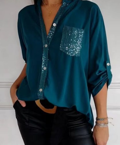 Elegancki Top Damski – Patchworkowy Styl Z Cekinam i Blaskiem 9