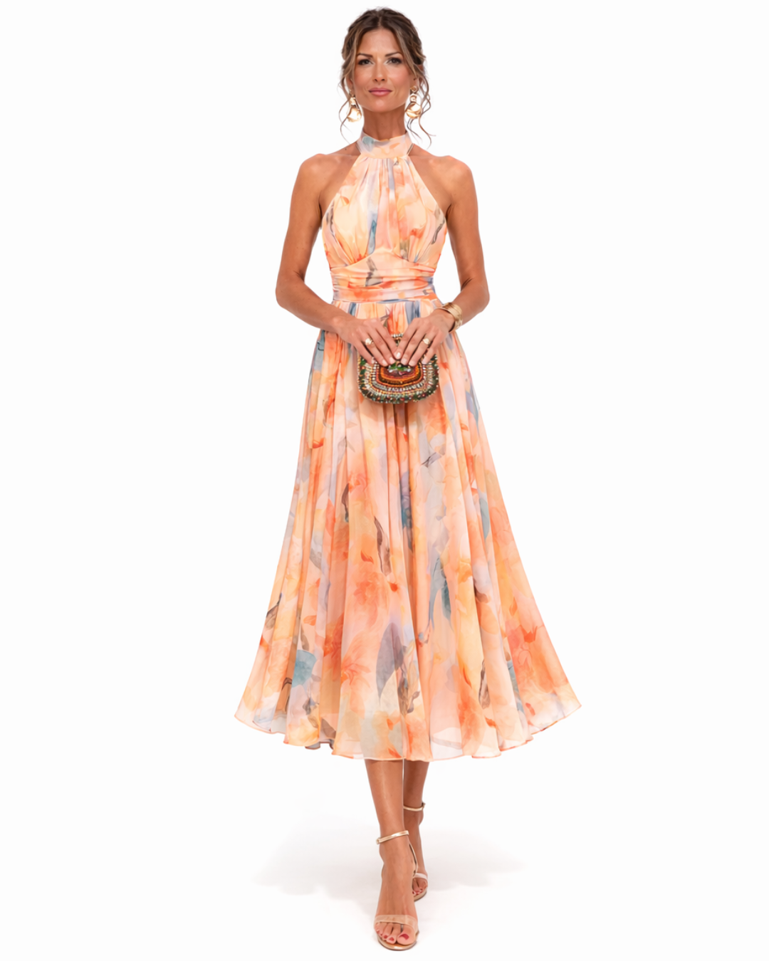 Stylowa Sukienka Halter – Artystyczny Akwarelowy Nadruk i Elegancja 0