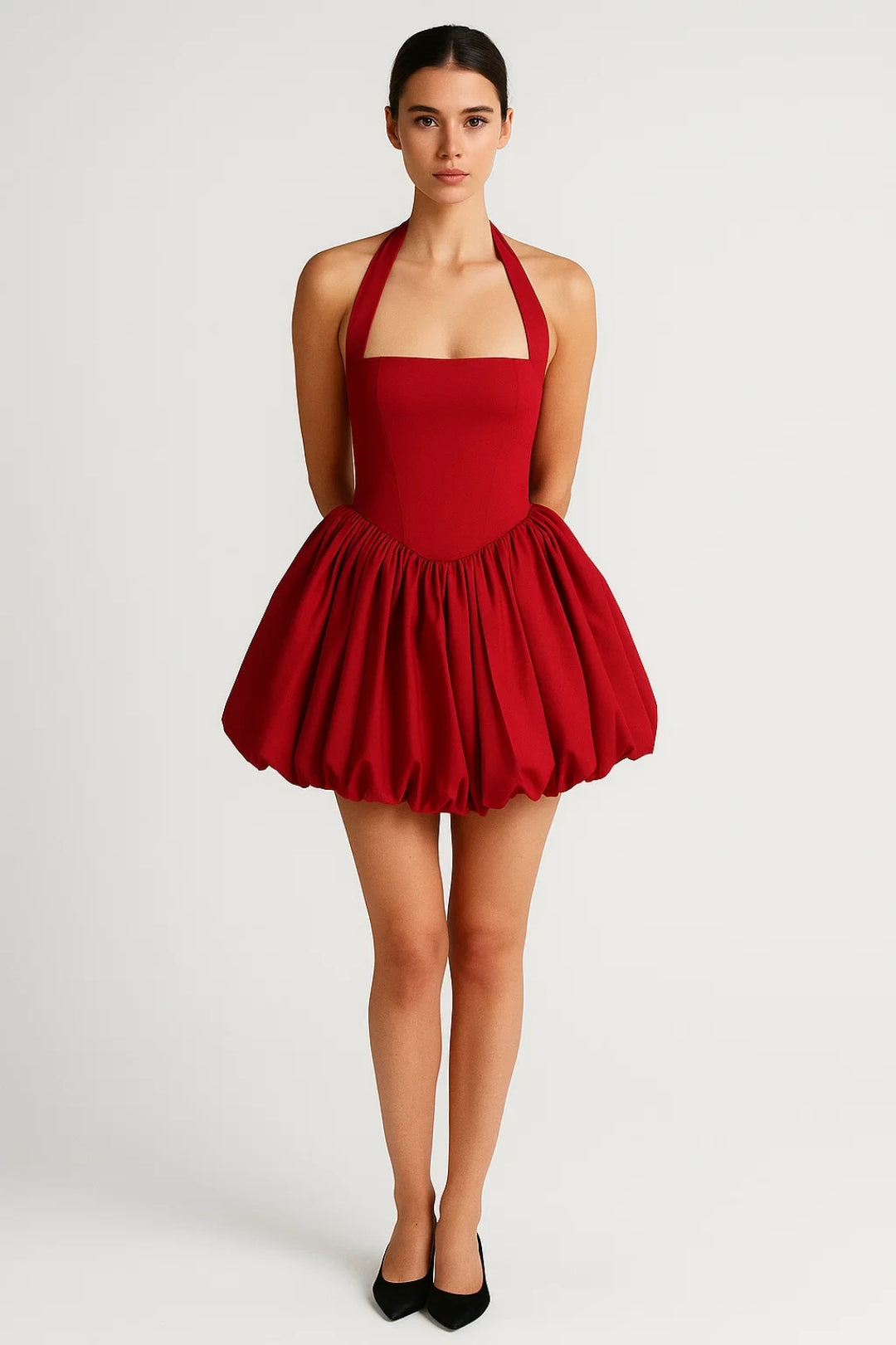 Stylowa Sukienka Mini – Wiązany Dekolt i Bufiaste Spódnice 4