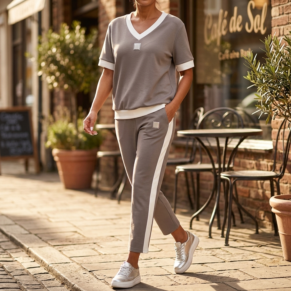Stylowy Zestaw Casual – Kontrastowy Dekolt i Wygodne Spodnie 1