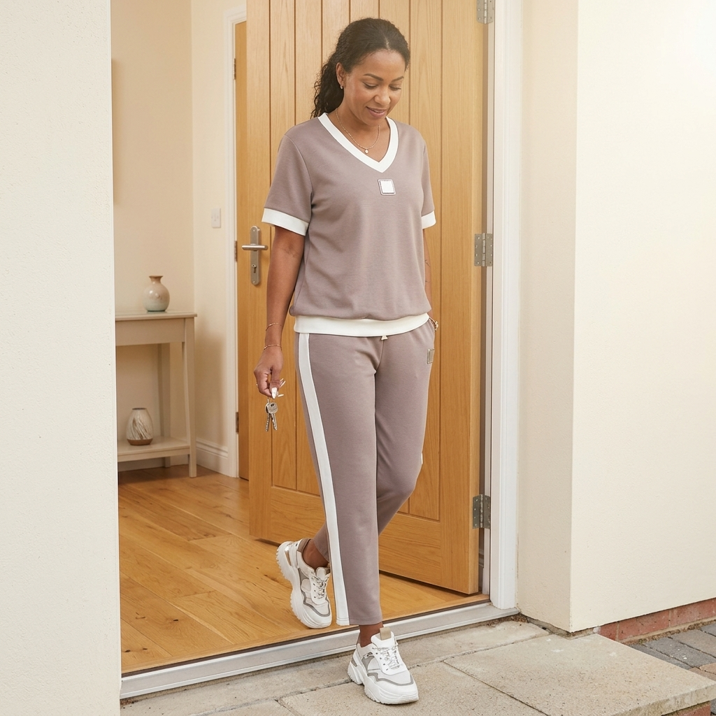 Stylowy Zestaw Casual – Kontrastowy Dekolt i Wygodne Spodnie 3