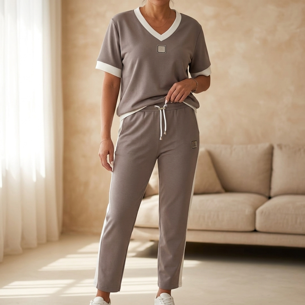 Stylowy Zestaw Casual – Kontrastowy Dekolt i Wygodne Spodnie 5
