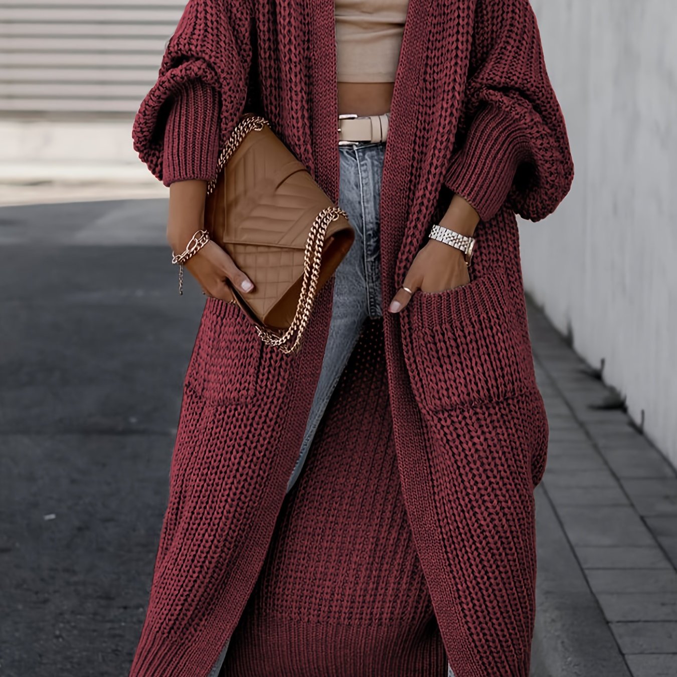 Damska Długi Kardigan | Otwarty Przód z Kieszeniami