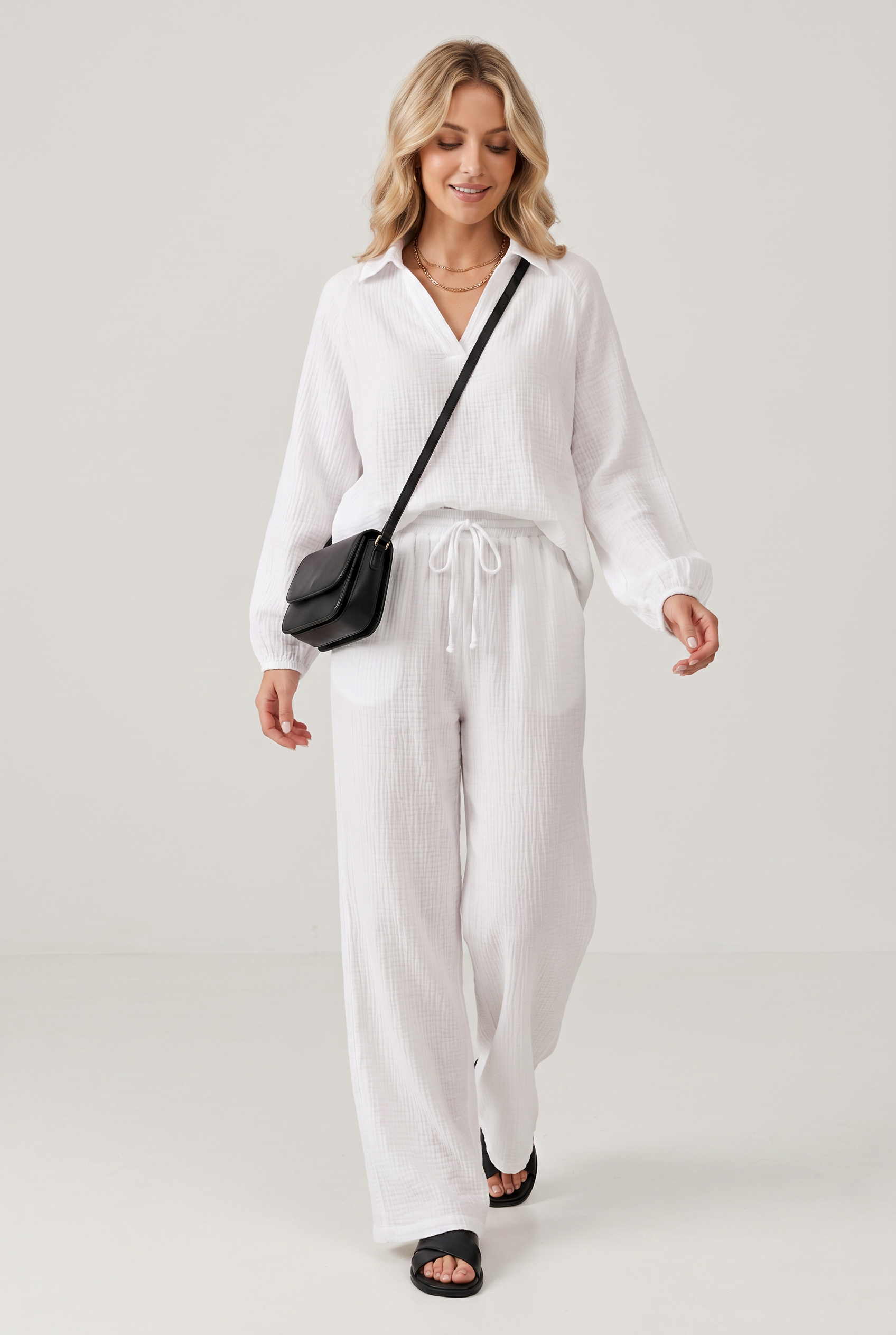 Komplet Damski - Elegancki Top Luźne Spodnie Dzień