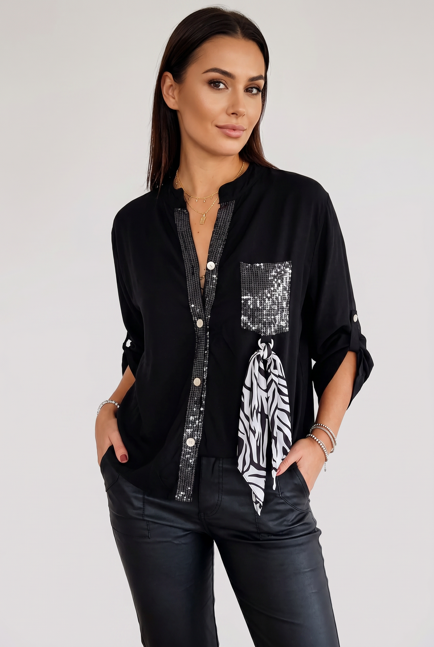Top Damski - Patchwork z Cekinami, Elegancki