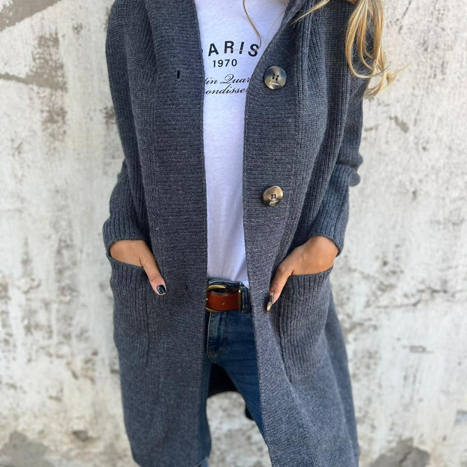 Damska Długi Kardigan z Guzikami | Z Kapturem