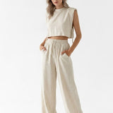 Komplet Damski - Letni Crop Top i Spodnie Lniane