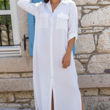 Sukienka Midi Koszulowa – Biała Elegancka Letnia z Guzikami Stylowa